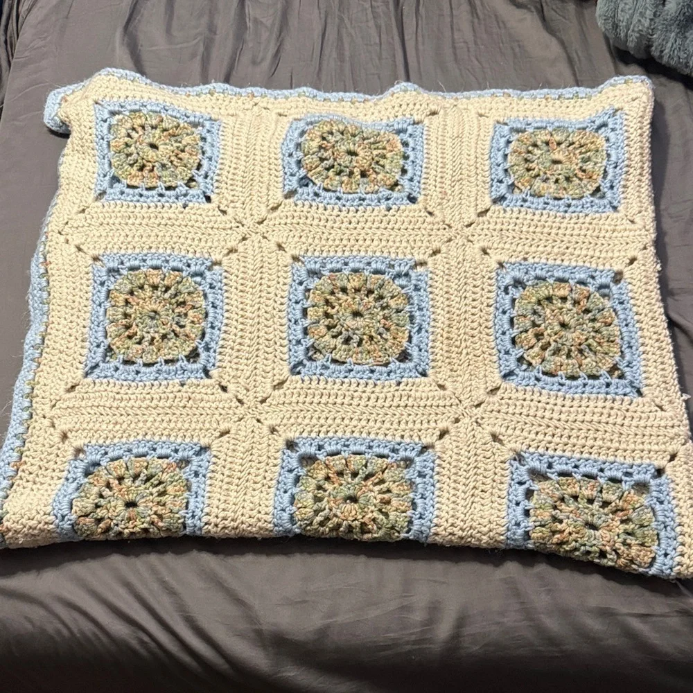 Handmade Crochet Blanket - Cream and Blue Granny Square